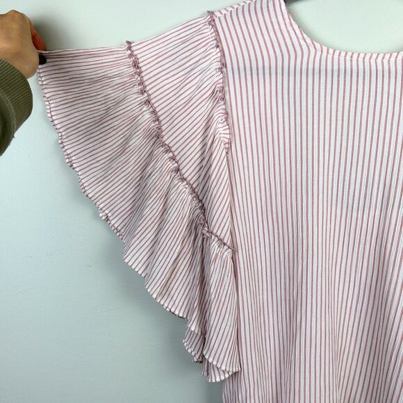 Vestique Pink White Pinstripe Top Ruffle Flutter Sleeve Blouse Open Tie Back S - Picture 2 of 11